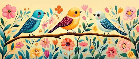 Fototapeta premium Colorful birds perched on a flowered branch.