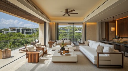 Luxurious living room with outdoor patio and scenic view.