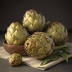Obraz premium Still Life Artichoke Composition Wooden Bowl, Linen, Dark Background, 3D Render,Food Photography, Artichoke Still Life Artichokes, 3D render