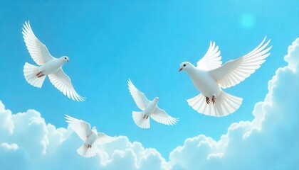 Doves soaring in bright blue sky nature scene cloudy environment uplifting viewpoint freedom concept