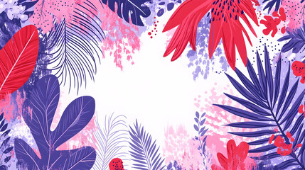 Vibrant Tropical Floral Border with Pink and Blue Leaves and Flowers