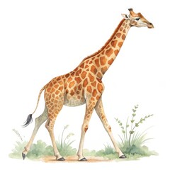 Obraz premium Watercolor Giraffe in Savannah Walking Giraffe Composition, Wildlife Illustration, Animal Art Giraffe, Watercolor Painting