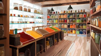 Obraz premium Colorful Spice Shop Interior with Wooden Shelves