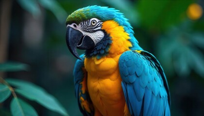 Obraz premium Vibrant macaw parrot in lush tropical environment wildlife photography close-up view nature's beauty