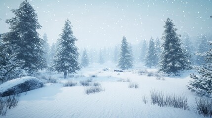Fototapeta premium A serene winter landscape with snow-covered pine trees and soft snowfall in the background, capturing a peaceful snowy atmosphere.