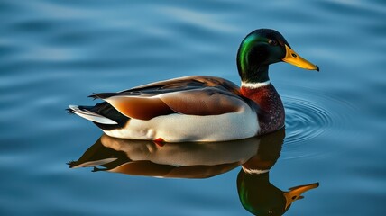 Fototapeta premium Mallard duck swimming gracefully in calm blue waters during a sunny day