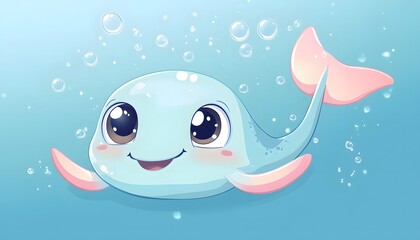 Adorable Cartoon Whale Swims Underwater With Bubbles