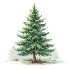 Fototapeta premium Watercolor Spruce Tree Single Evergreen Illustration, Nature Painting, Botanical Art. Evergreen, Conifer