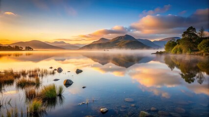 Obraz premium Dawn mist rises from Irish lake's calm waters as first light creeps over distant mountains , outdoor scene, lake scenery