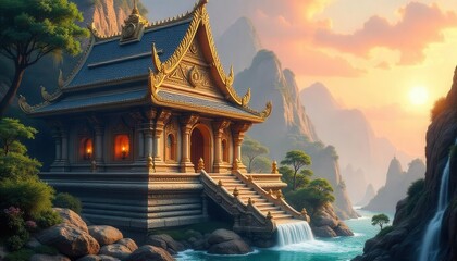 Fototapeta premium Majestic temple at sunrise mountain landscape digital art serene environment wide angle tranquility and harmony