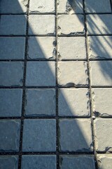 Sunlit Stone Pavement Texture A Detailed Close-Up View of Irregularly Shaped Gray Paving Stones with Shadow Patterns