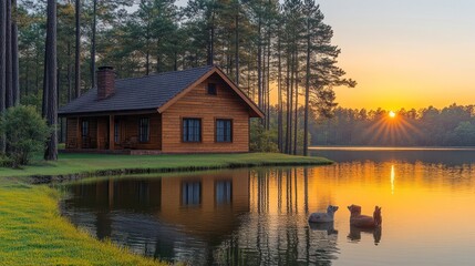 Fototapeta premium Lakeside cabin sunset serenity, peaceful retreat