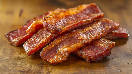Delicious Cooked Bacon Strips on Wooden Surface for Food Photography