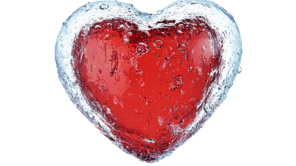 Red heart encased in ice on transparent background