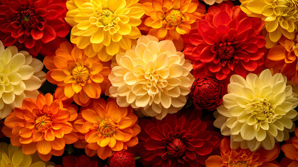 Vibrant Dahlia Flowers in Warm Tones of Yellow, Orange, and Red