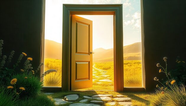 Opening a golden door to scenic nature pathway serene landscape vibrant garden tranquil viewpoint concept of possibilities
