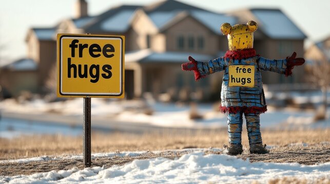 Free hugs sign and figure in snowy residential area.  A heartwarming winter scene.