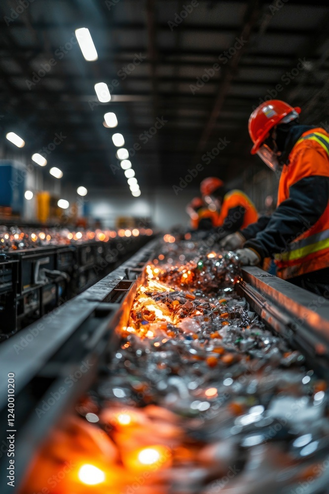 Poster workers in a factory sort glowing recycled materials