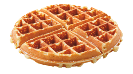 Round waffle dripping with syrup on transparent background
