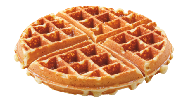 Round waffle dripping with syrup on transparent background