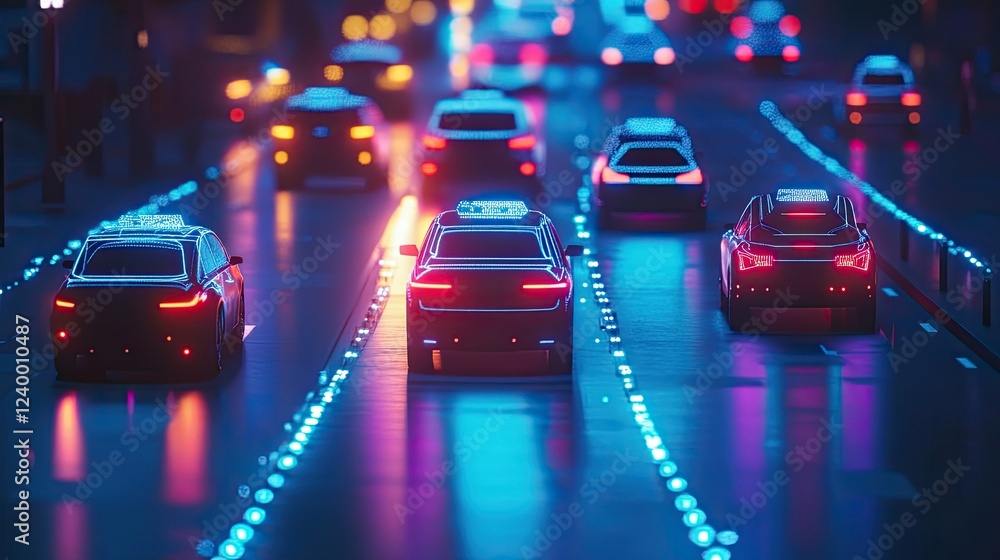 Poster a smart city illuminated with ai-driven traffic control and autonomous vehicles.
