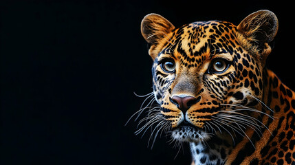 Obraz premium Majestic Close-Up of a Leopard with Intricate Spots on Black Background