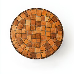 Fototapeta premium A round mosaic table showcasing a vibrant pattern of orange and brown tiles, adding artistic flair to any space.