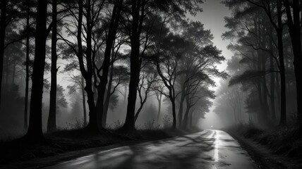 Obraz premium Misty Road Through a Dark Forest of Tall Trees on an Overcast Day
