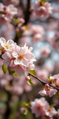 Blossoming cherry tree branches display delicate pink flowers amidst a soft background in spring