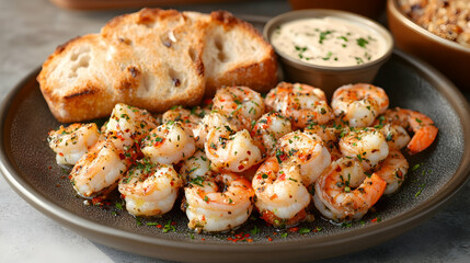 Delicious Grilled Shrimp with Toast and Sauce on a Plate