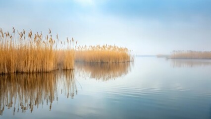 Fototapeta premium Reed bed in foggy seascape, wilderness, nature, wilderness, nature, water, ocean, tranquility, calm, vegetation, reflection