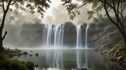 Naklejka premium Serene Waterfall Cascading Through Misty Forest, Reflecting in Still Water, Creating a Peaceful and Tranquil Atmosphere