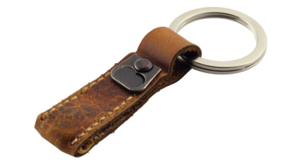 Leather keychain with metal ring on transparent background