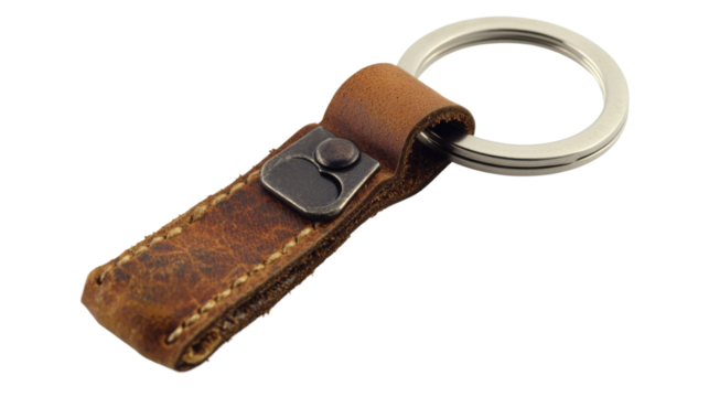 Leather keychain with metal ring on transparent background