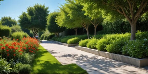 Obraz premium Serene Pathway Through a Lush Garden Landscape Featuring Vibrant Blooms and Mature Trees on a Sunny Day