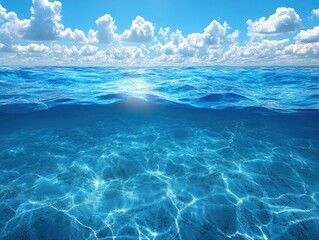 Serene ocean view with bright sunlit surface and underwater light patterns under a blue sky