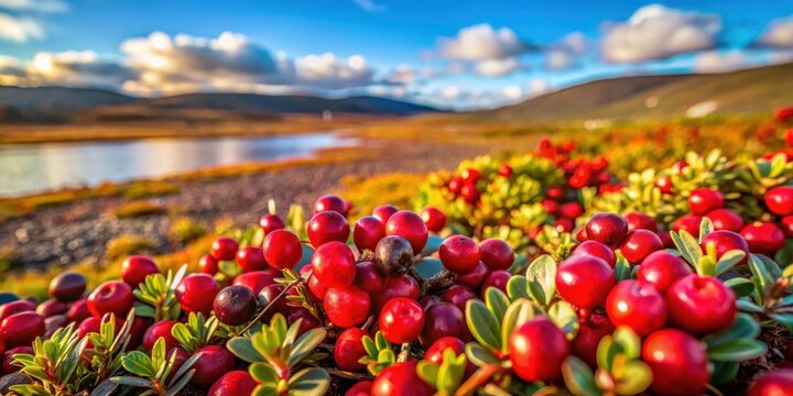 Close-up of vibrant red cowberries growing in the tundra, tundra scenery, nature