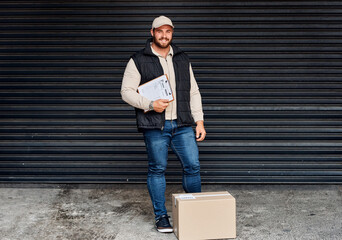 Box, delivery man and clipboard in city, courier service and invoice for shipment order. Portrait,...