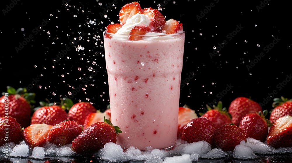Poster refreshing strawberry smoothie with whipped cream and splashing water on a dark background