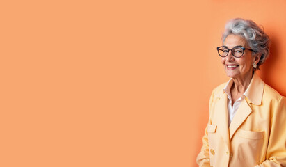 Fashionably dressed in bright clothes, gray-haired stylish grandmother smiling against bright background