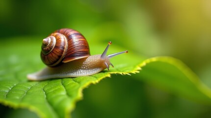A snail slowly moving across a green leaf, with its shell and slime trail in focus, surrounded by soft sunlight and a blurred garden background.
