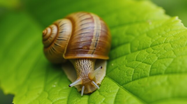 A snail slowly moving across a green leaf, with its shell and slime trail in focus, surrounded by soft sunlight and a blurred garden background.