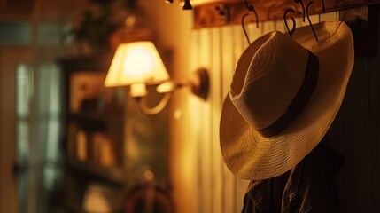 A vintage wide-brimmed hat hanging on a coat rack in a cozy room, with the soft glow of a nearby lamp casting gentle reflections on the fabric.