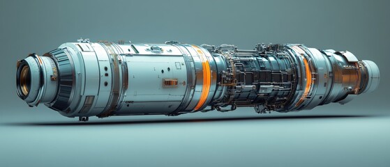 Futuristic spacecraft engine with orange glow on a smooth gray background detailed design