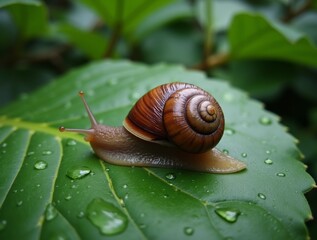 A snail resting on a wet leaf, with water droplets and its shiny shell glistening in the soft light of an overcast day, in a natural garden environment.