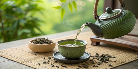 "A serene tea setup with a traditional teapot pouring green tea into a ceramic cup. The table includes loose tea leaves and a bamboo mat, with a soft focus on a tranquil garden background." 

