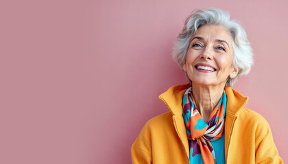 Fashionably dressed in bright clothes, gray-haired stylish grandmother smiling against bright background