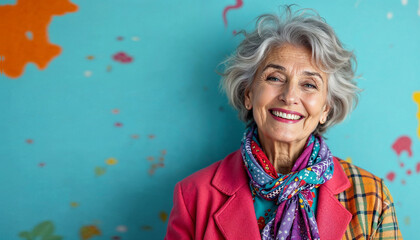 Fashionably dressed in bright clothes, gray-haired stylish grandmother smiling against bright background