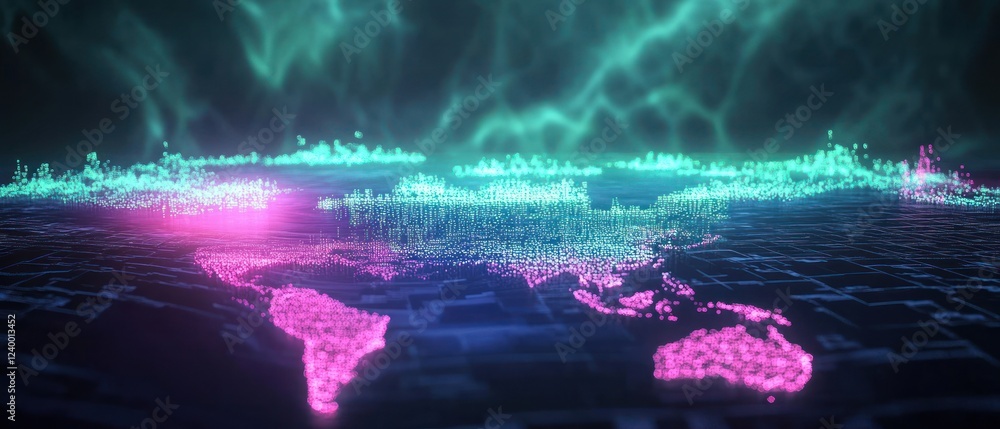 Poster abstract digital map with glowing neon colors and patterns