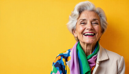 Fashionably dressed in bright clothes, gray-haired stylish grandmother smiling against bright background
